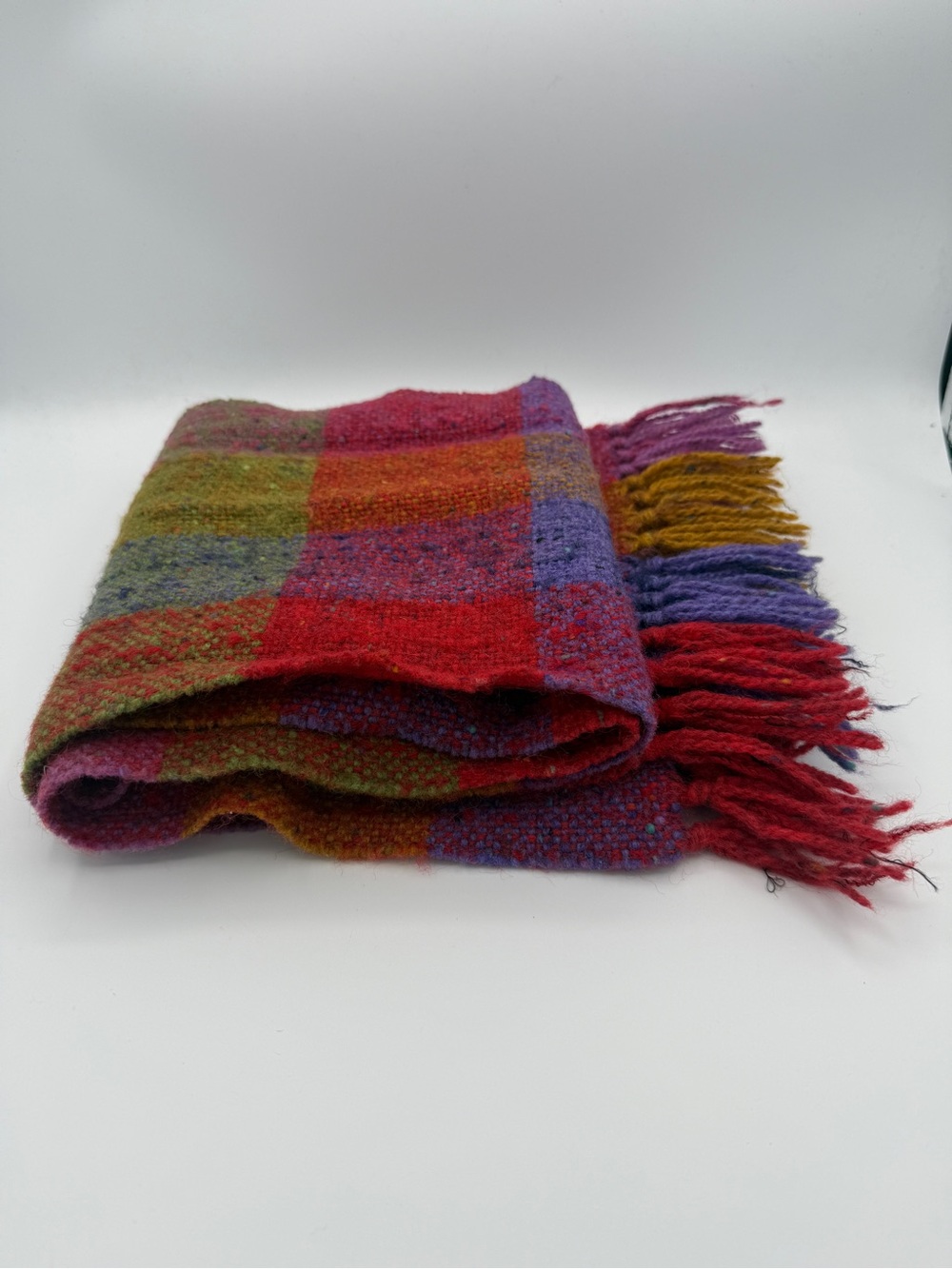 Studio Donegal Tweed Plaid Colorful Scarf Fringe Irish Bright Maximalist